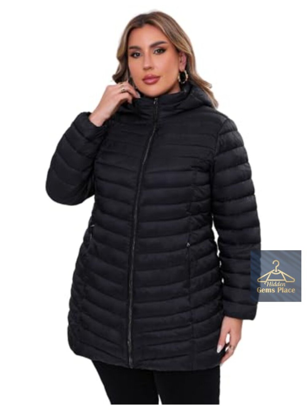 Plus Size Packable Hooded Puffer Jacket Thigh Length Quilted